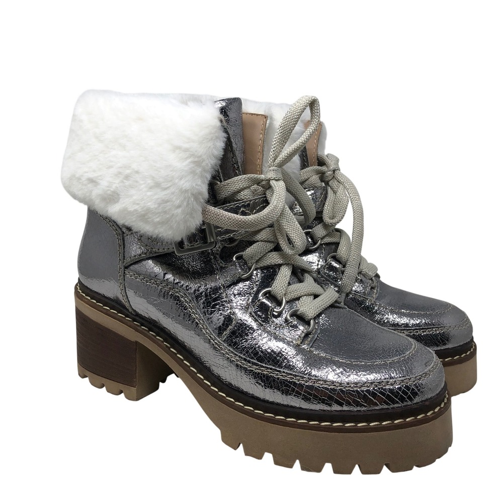 Free People Cozy Jasper Hiker Boots Womens 9 Silver Metallic Faux Fur Trim